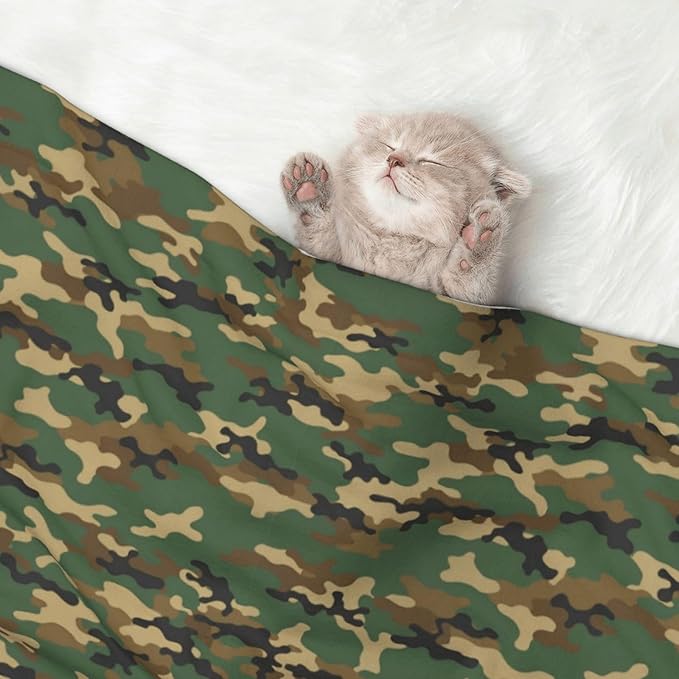 Two Sided Plush Pet Blanket for Warmth Comfort, Green Camouflage Army Camo, Reversible Throw with Cozy Nubby Side for Chilly Nights Napping Spots Around House