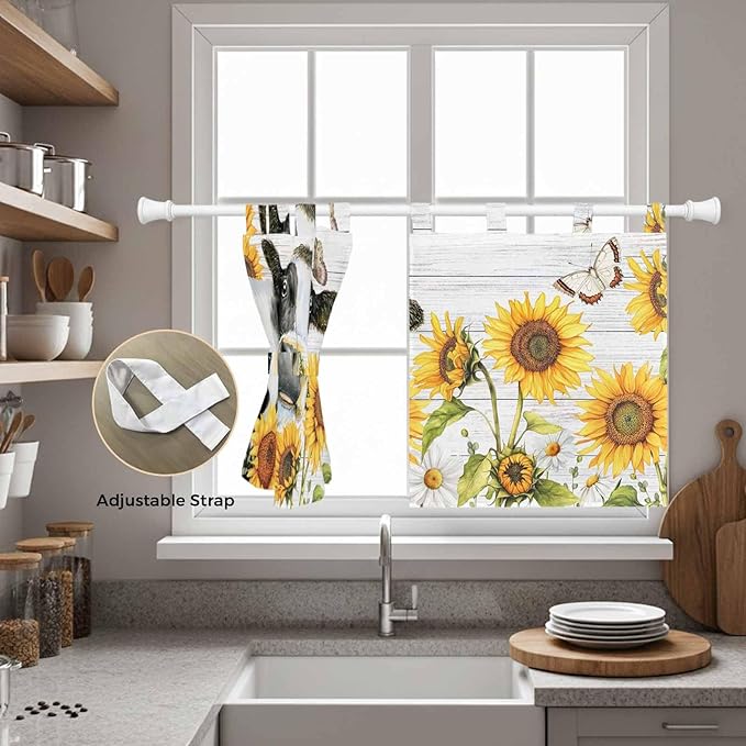 Retro Farmhouse Floral Kitchen Curtains 36 Inch Length, Small Window Curtains