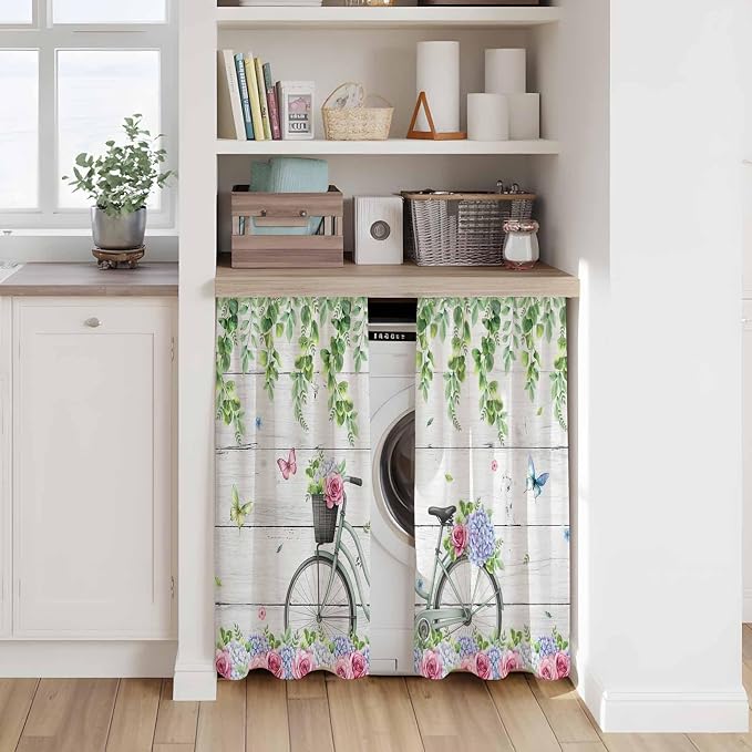 Spring Kitchen Curtains, Bicycles Botanical Rose Leaves Butterfly Wood Grain