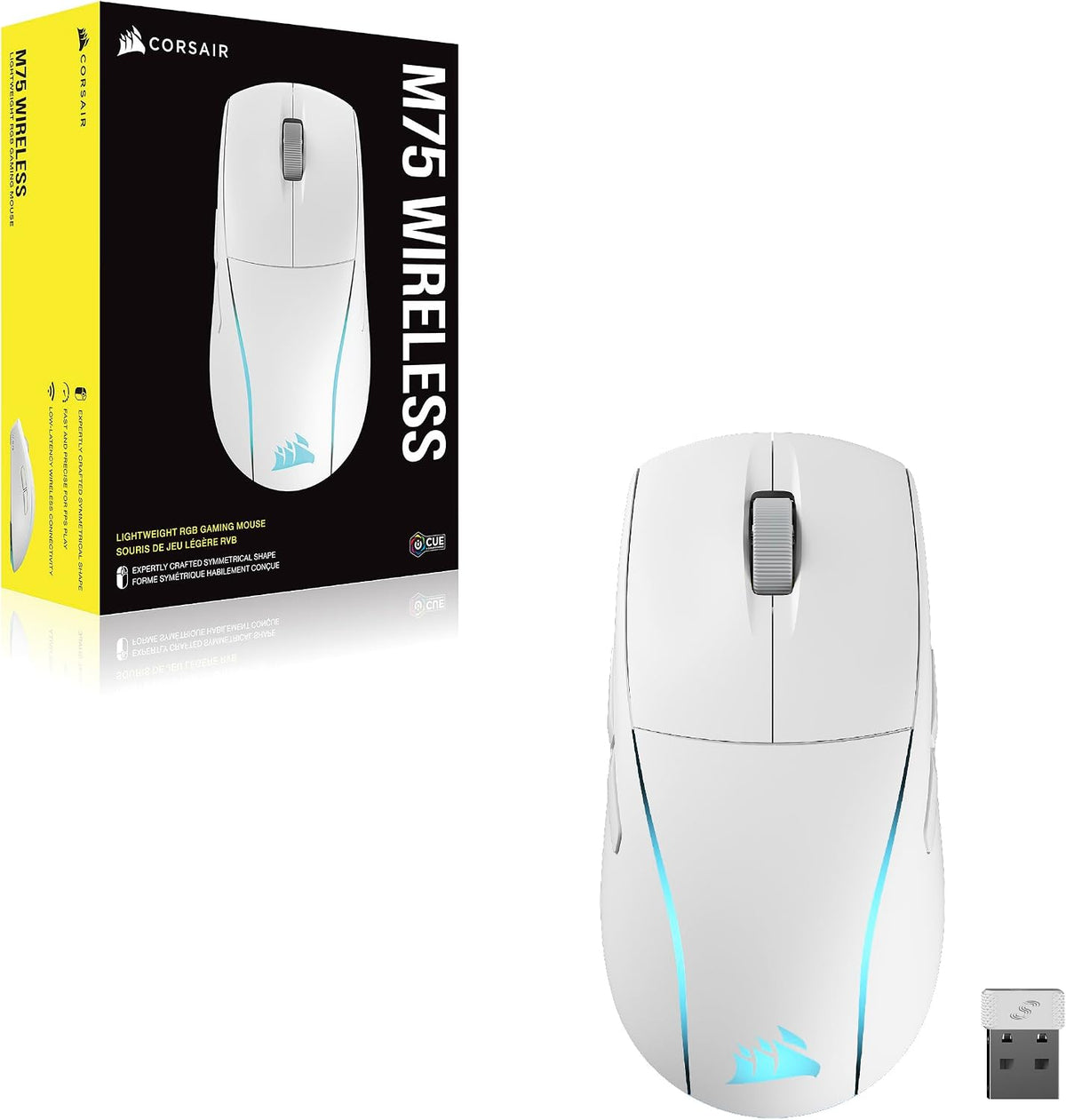Corsair M75 Wireless RGB Lightweight FPS Gaming Mouse – 26,000 DPI – Swappable Side Buttons – iCUE Compatible – PC – White