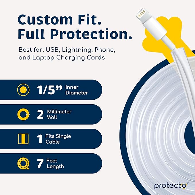PROTECTO Heavy Duty Cord Protectors from Pets No Chew Solution, 7ft Easy to Use Dog & Cat Cord Protector, Clear & Odorless Critter Cord Covers for Pets, Power Audio & Video Wire Protector Tubing