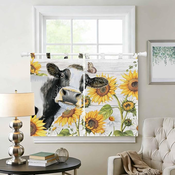 Retro Farmhouse Floral Kitchen Curtains 45 Inch Length, Short Cafe Window