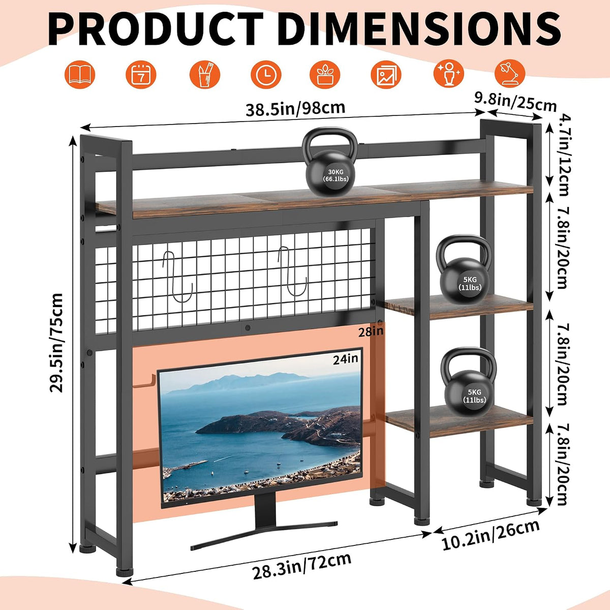 Desktop Shelf, 38.5'' Desktop Organizer Shelf for Computer Monitor, 4 Tier Hutch Storage Rack for Home Office Dorm, Rustic Brown