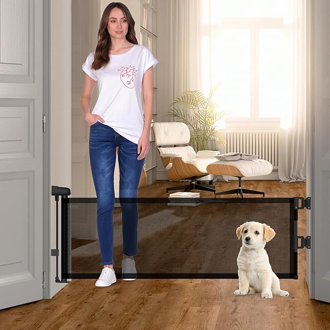 14" H Short Dog Gate Pet Gates Puppy Gate 59" Wide Step Over Pet Fence, Mesh Retractable Indoor Outdoor Expands Up to 59 Inches Small Dog Gates for Doorways Stairs