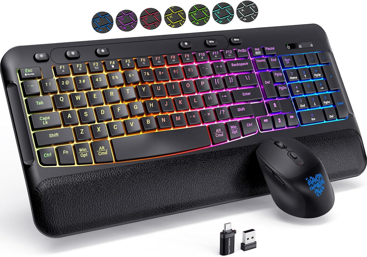 Ergonomic Wave Wireless Keyboard Mouse Combo, 9 RGB Backlit, Silent Keys