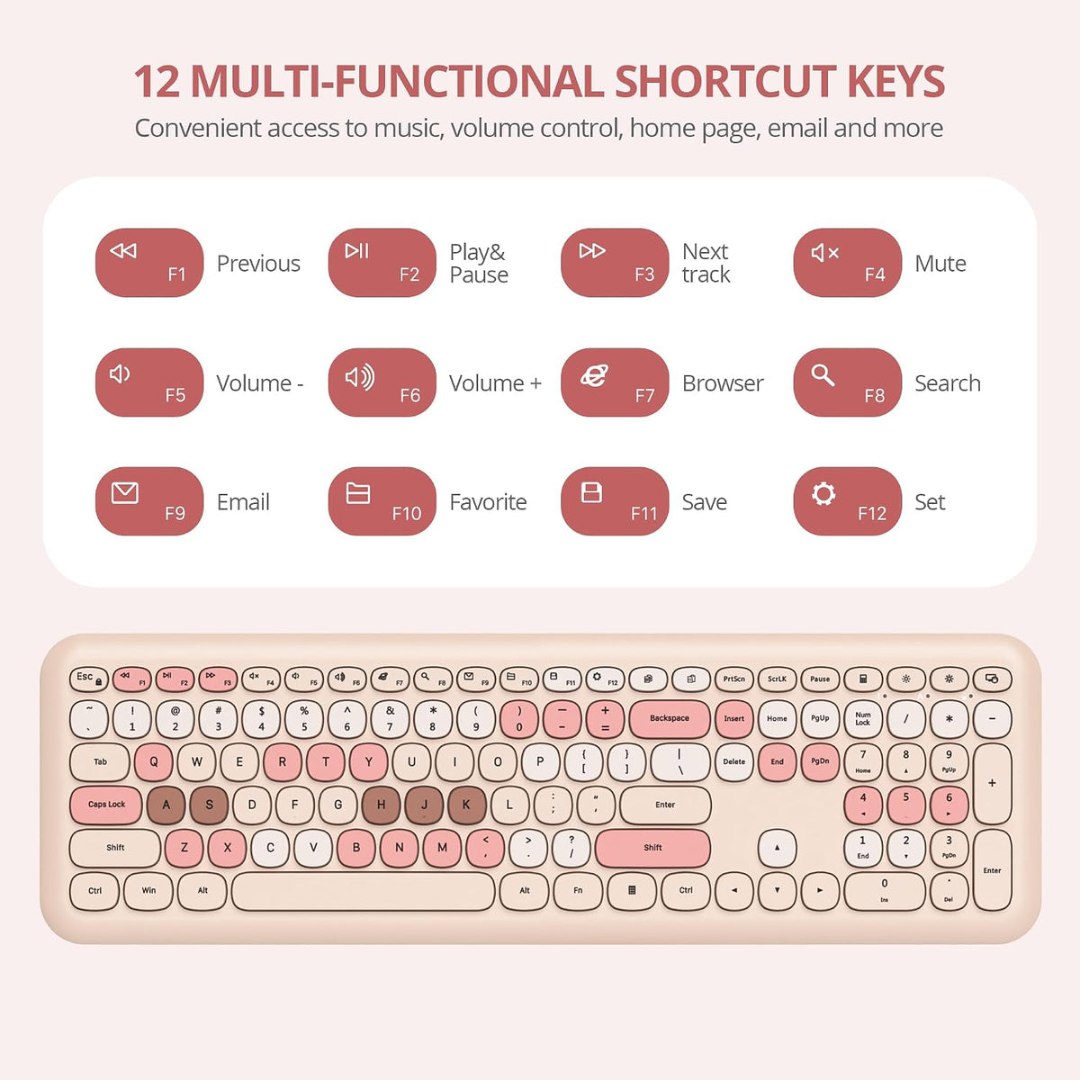 Wireless Typewriter Keyboard and Mouse Combo Retro 104 Key Full Size Office Set Milk Tea Keyboard with Silent Round Keycaps, Ideal for Laptop and Desktop PCs, Cute Design Keyboard (Milk Tea)