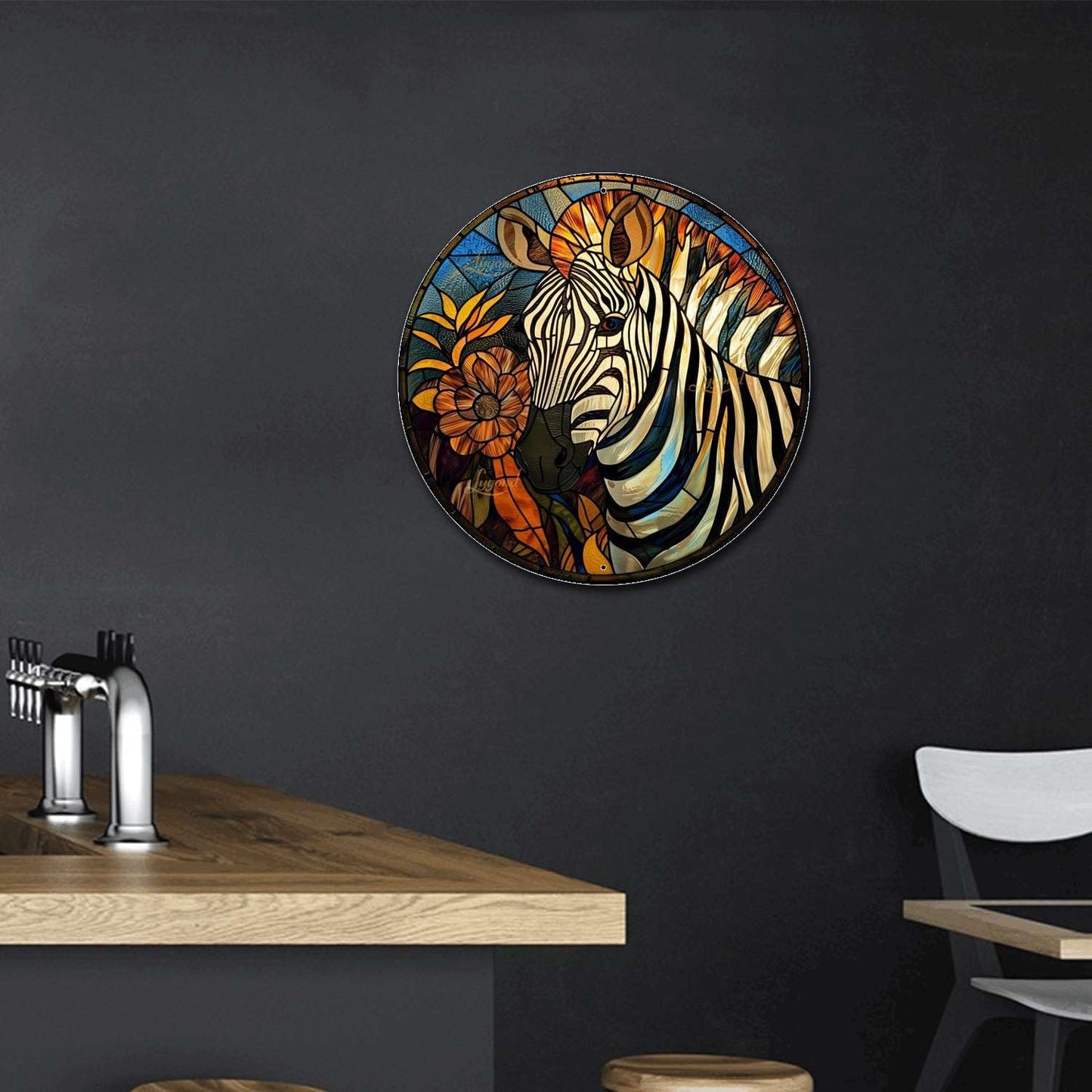 Lygond Metal Sign Tin Sign Circular Stained Glass Zebra Home Decor for Bar 12×12 Inches