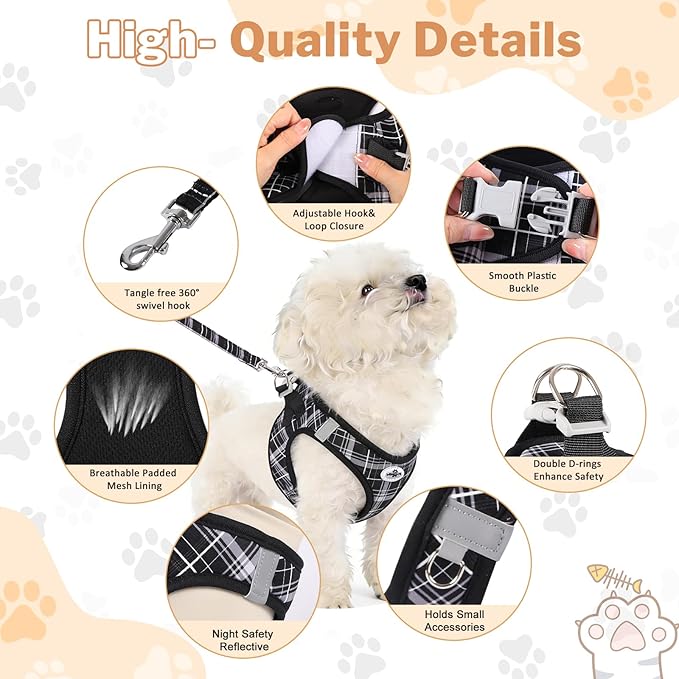 Gyuzh Small Dog Harness and Leash Set, 3-in-1 Step in No Pull Harness Vest Collar for Small Dogs & Cats, Lightweight Breathable Mesh Reflective Plaid with Padded Handle (Black, L)
