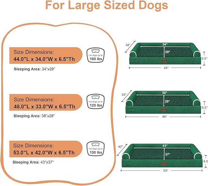Large Dog Bed Orthopedic Washable: Jumbo Dog Bed Bolster Extra Large Dogs Egg Crate Foam Sofa Couch Waterproof Removable Cover - Emerald
