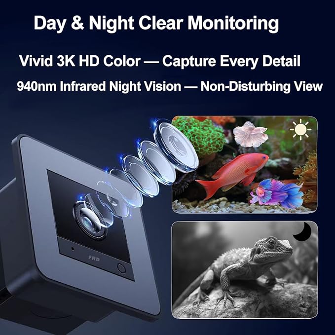 2K HD Aquarium Camera for Fish: Tanks Reptile Terrariums Camera - Anti-Glare Lens Night Vision Two-Way Audio AI Motion Detection – Aquarium Accessories with 32GB SD Card 850mAh Battery & Instructions