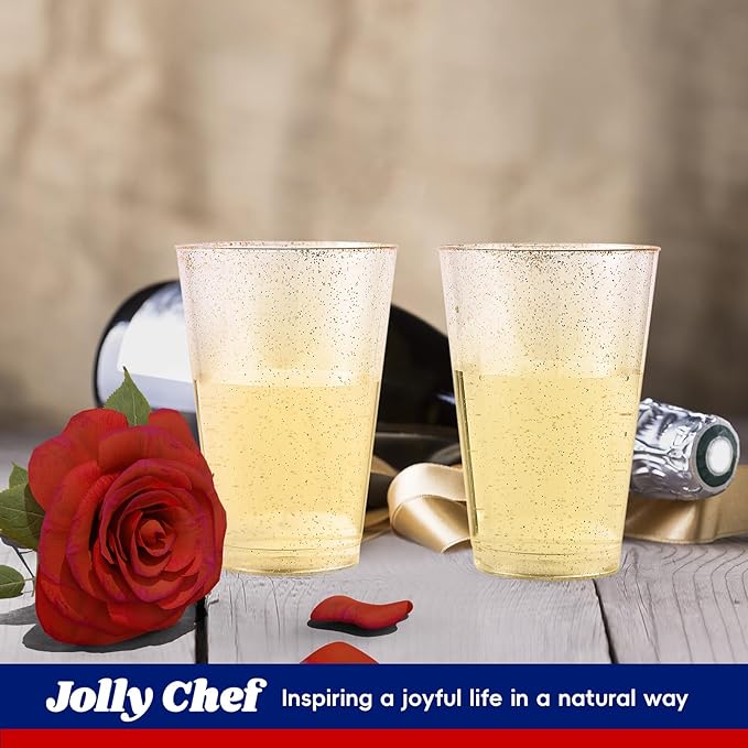 JOLLY CHEF 14 oz 50 Pack Gold Plastic Cups, Disposable Gold Glitter Plastic