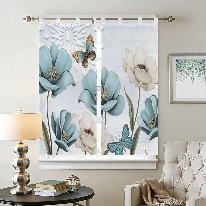 Blue Tulips Living Room Curtains 84 Inch Length, Window Curtains Tab Top