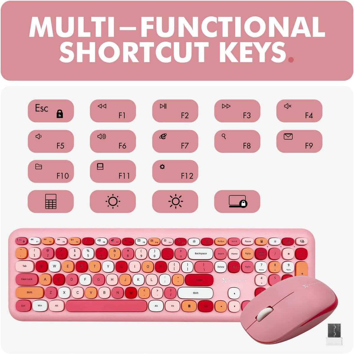 X9 Pink Keyboard and Mouse Wireless Combo - Retro Typewriter Keyboard and Mouse with Aesthetic Bubble Keys - Colorful Keyboard and Mouse Wireless for PC, Laptop, Windows, Chrome