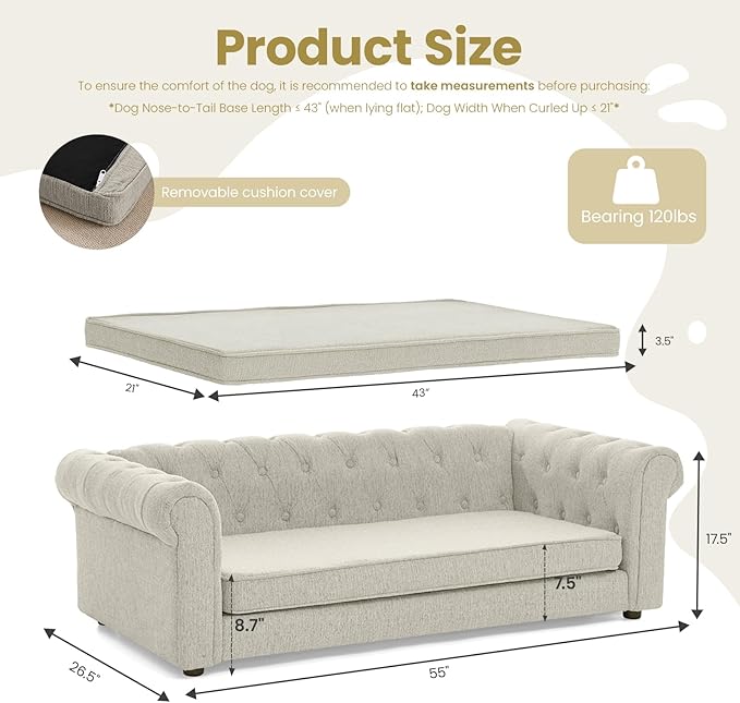 Elevated XL Large Dog Sofa with Backrest and Armrests, 55" Button Tufted Dog Couch Bed with Soft Cushion for Large Dogs, Stylish Lounging Bed Pet Couch Chair, 120Lbs Weight Capacity, Beige