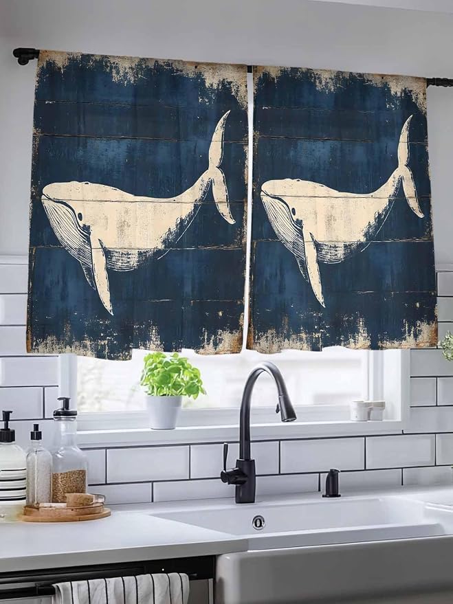 Sheer Curtains 54 Inch Length, Ocean Whale Blue Semi Sheer Curtains Light
