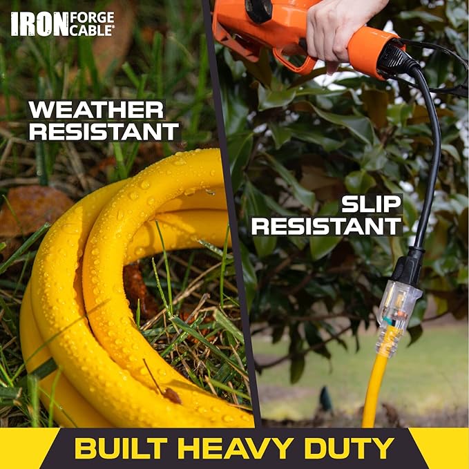 Iron Forge Cable 10 Gauge 50ft Lighted Outdoor Heavy Duty Extension Cord with 3 Outlets - 15 Amp 10/3 SJTW Yellow Extension Cord with Multiple Outlets