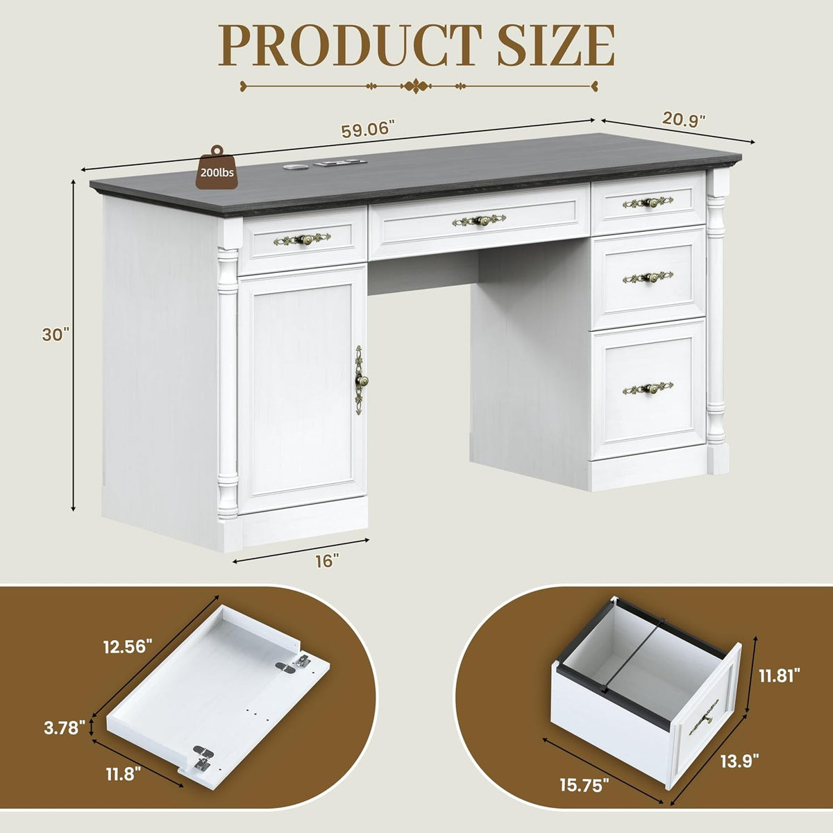 60" Farmhouse Executive Desk with Charging Station, Home Office Desk with Drawers & File Cabinet Storage, Keyboard Tray, Wood Computer Desk with Storage for Work and Study, Antique White