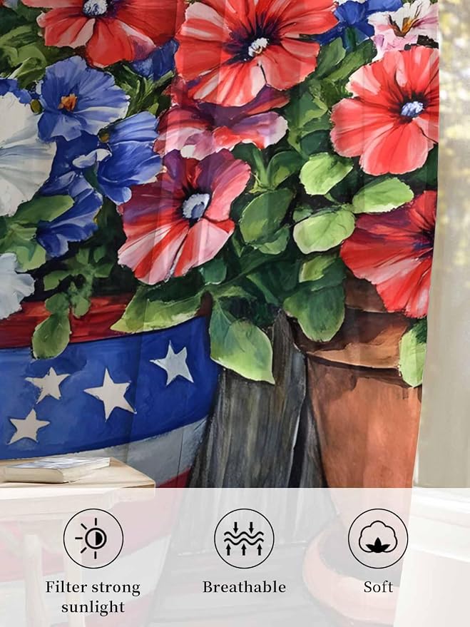 Sheer Curtains 54 Inch Length, Retro Independence Day Flag Wood Grain Privacy