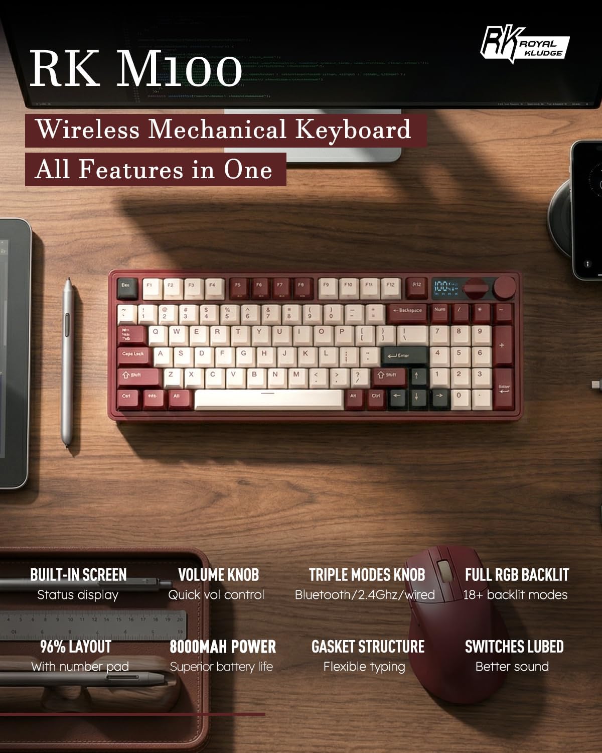 RK ROYAL KLUDGE M100 Wireless Mechanical Keyboard with Screen & Knobs, Red