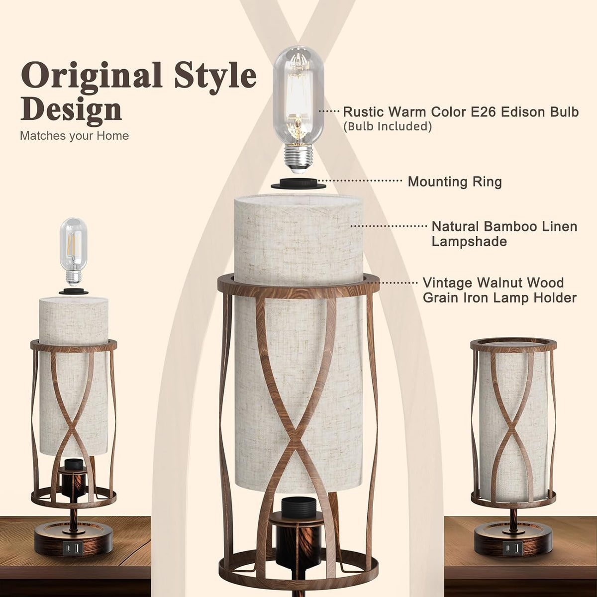 N10-2 Farmhouse Table Lamp Dimmable Touch Control Plug in Lamps Linen Rustic Desk Lamp IImitation Wood Metal Base Vintage Nightstand Table Lamp with USB Port for Bedroom Bedside (Bulb Included)