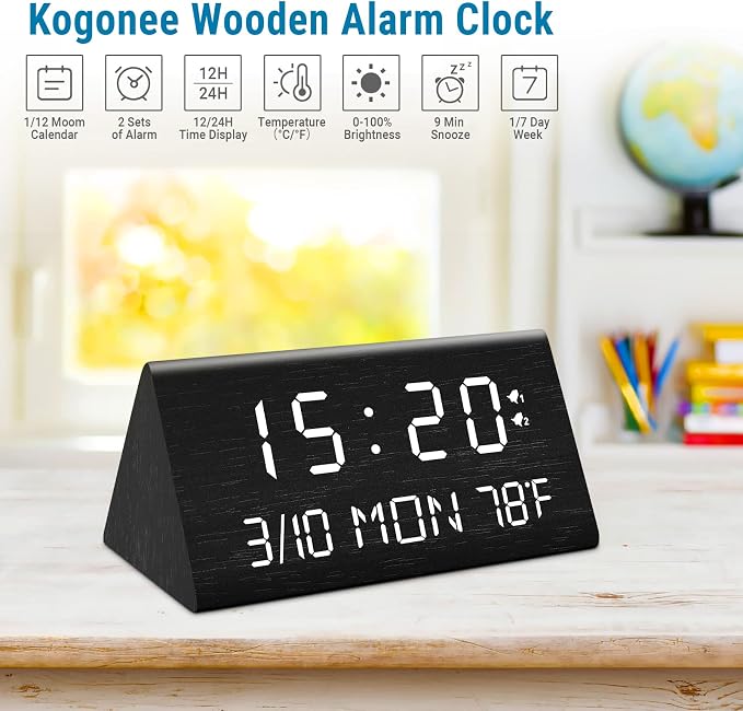 Kogonee Wooden Digital Alarm Clock, 0-100% Dimmer, 2 Alarm Settings,