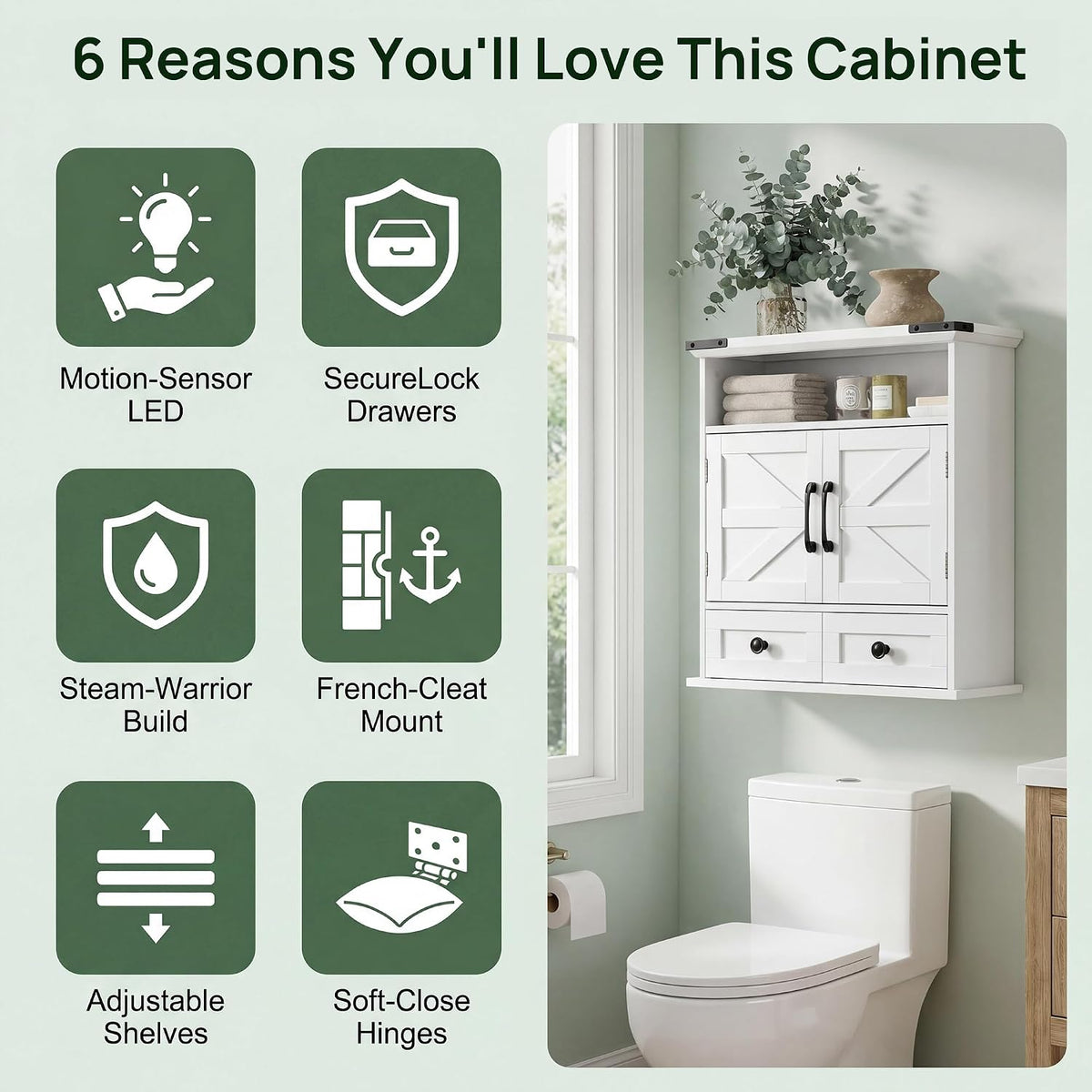 Bathroom Wall Cabinet with Motion LED Light, 23 x 25 Inch, White