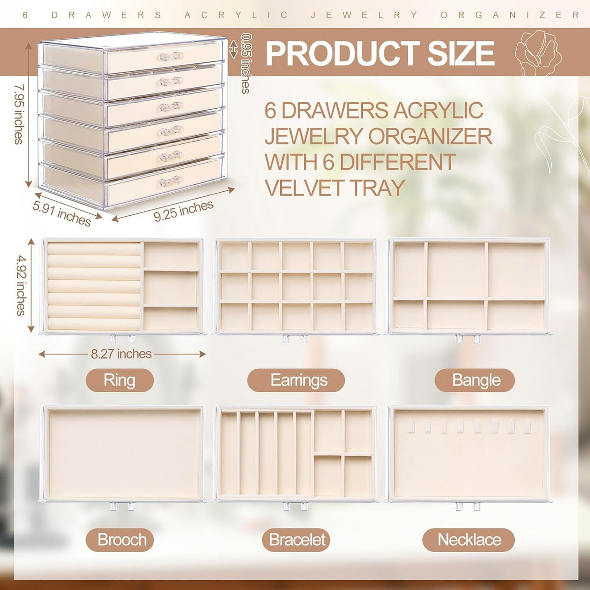 Earring Organizer 6 Drawers Acrylic Jewelry Box for Women, Cream,Clear