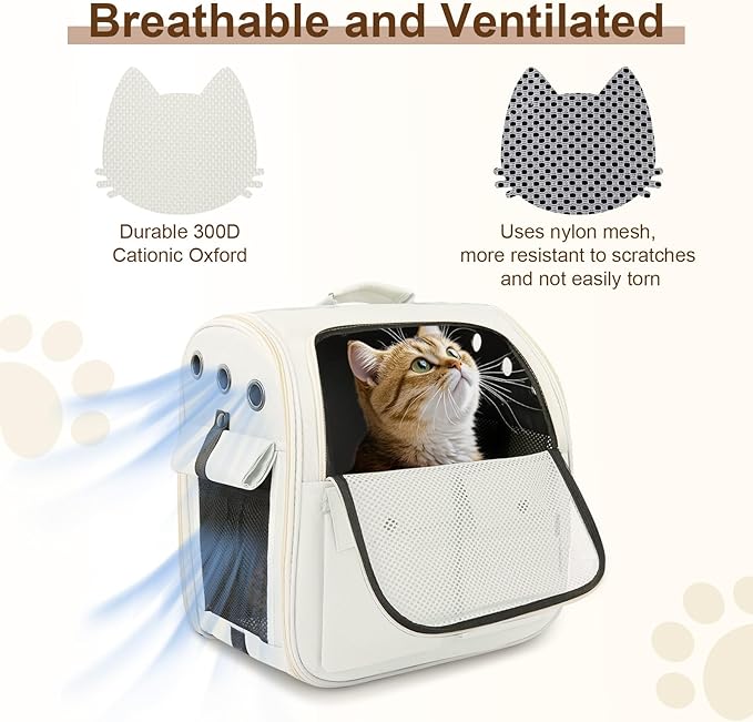 Airline Approved Cat Carrier Backpack - Ventilated Breathable Mesh for Small Dogs & Cats (15lbs), Soft Sided Dog Backpack for Hiking, Camping, Travel & Vet Visits with Padded Straps (White)