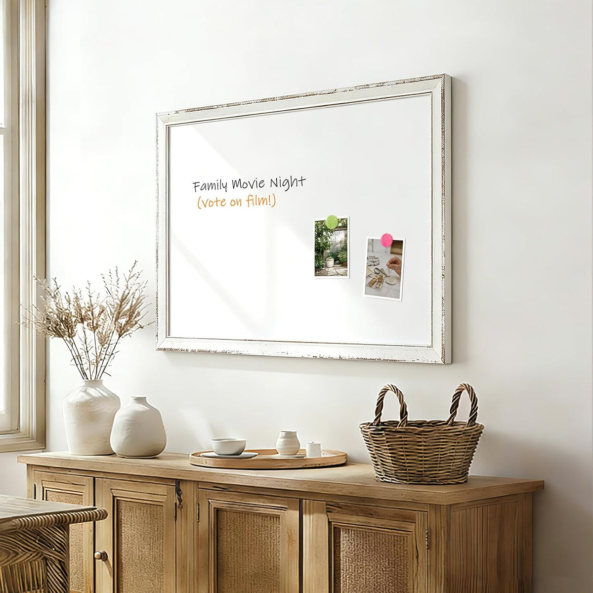 Magnetic White Board for Wall, 24" x 18", Rustic Whitewashed Wooden Frame