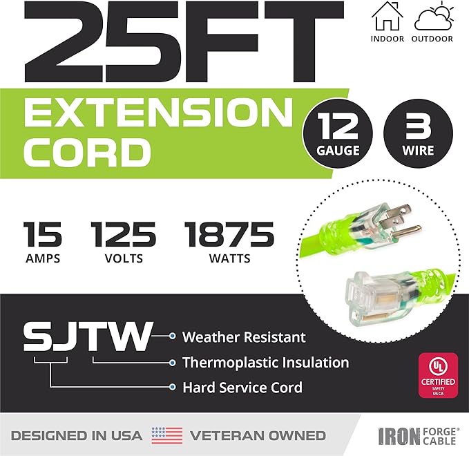 Iron Forge Cable Weatherproof 25 Ft Outdoor Extension Cord - 12/3 SJTW 15 Amp Heavy Duty Light Green High Visibility Cable with 3 Prong - Lighted End