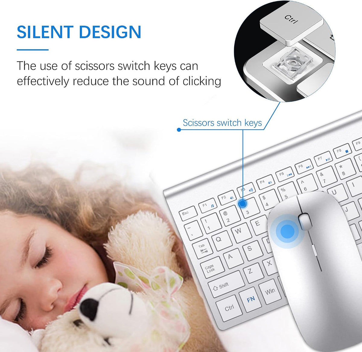 Wireless Keyboard and Mouse Ultra Slim Combo, TopMate - Silver White