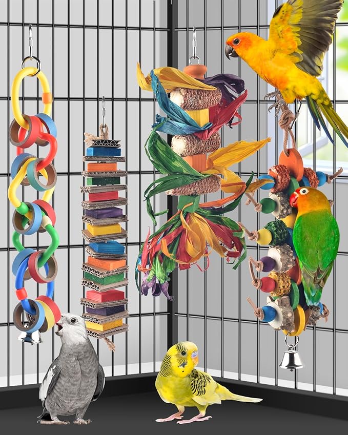 Bissap 4 PCS Bird Chew Toys, Multicolored Bagel Cascade Bird Parrot Toy Biting Paper Cardboard Olympic Rings Conures Toys for Amazon Cockatiels Cockatoos Macaws and Similar Sized Pet Birds