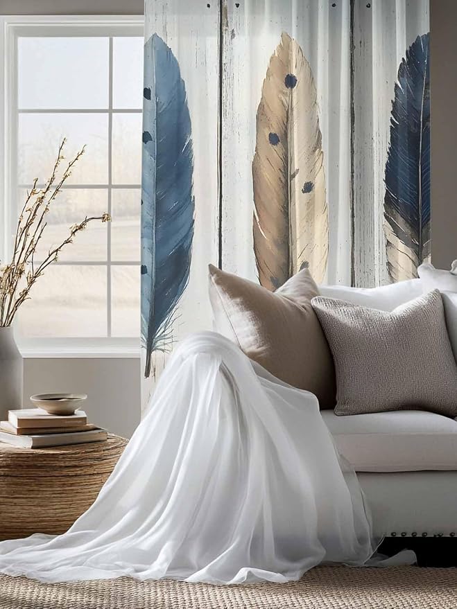 Sheer Curtains 72 Inches Long, Farmhouse Feather Semi Sheer Curtains Light