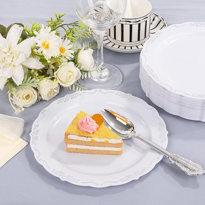 DaYammi 60PCS White and Silver Plastic Plates, Heavy Duty White and Silver