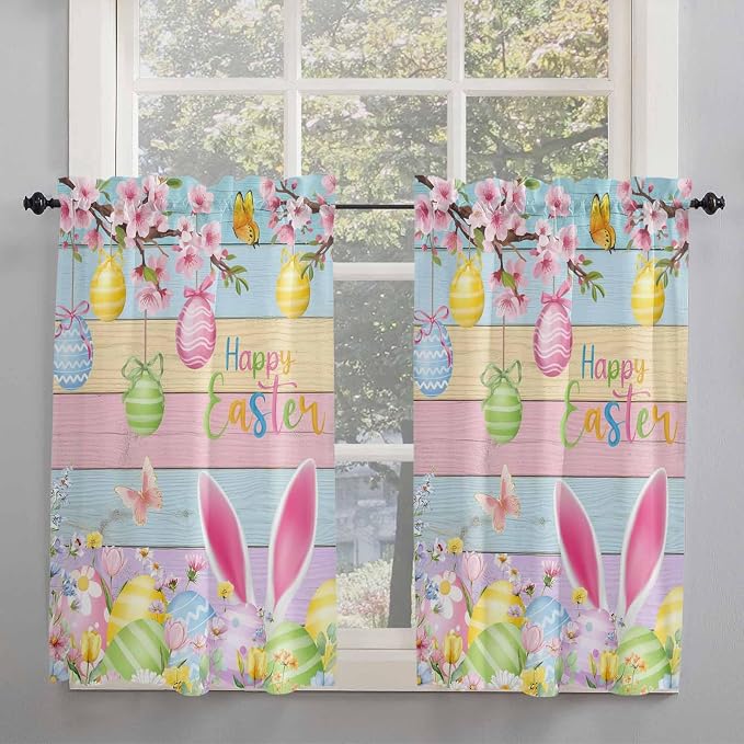 Colorful Easter Kitchen Curtains 45 Inches length, Spring Watercolor Bunny Egg