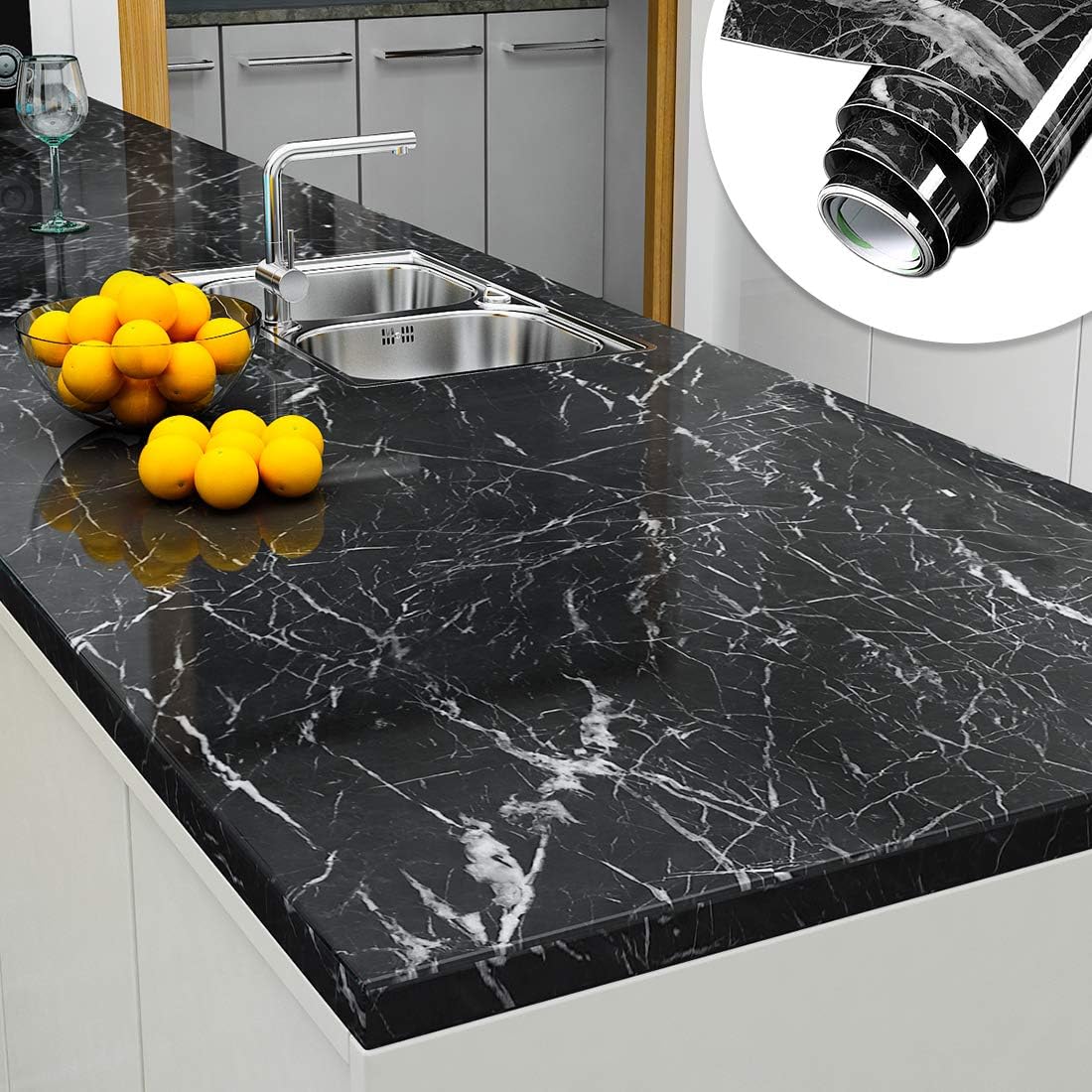 YENHOME Large Size 30"X118" Black Marble Peel and Stick Countertops Wrap for Kitchen Bathroom Waterproof Black Marble Contact Paper Self Adhesive Marble Peel and Stick Wallpaper Glossy Marble Paper