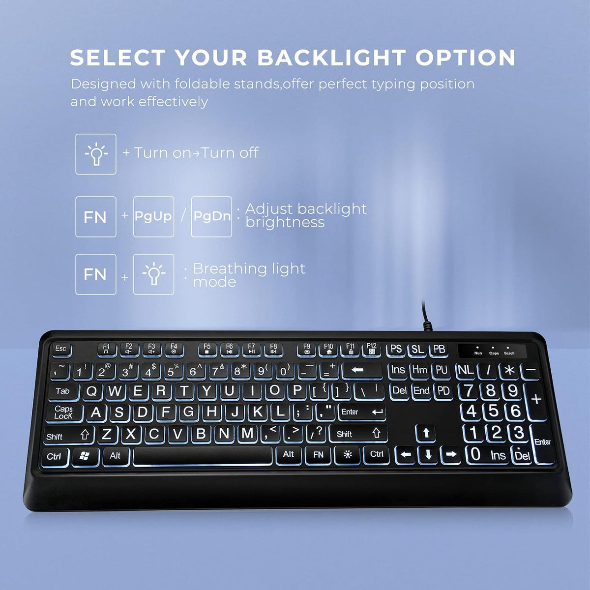 KOPJIPPOM Large Print Backlit Keyboard, USB Wired Computer Keyboard, Full Size Keyboard with White Illuminated LED Compatible for Windows Desktop, Laptop, PC, Gaming, Black