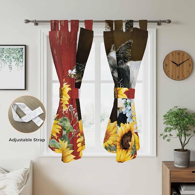 Cows Sunflowers Bathroom Curtains 63 Inch Length, Window Curtains Tab Top