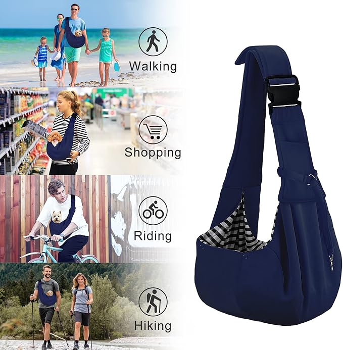 PETLOFT Reversible Dog Cat Sling Carrier, Small Dog Carrier, Adjustable Dog Sling, Hands Free Cross Body Carrier with Collar Hook for Dog/Cat/Bunny up to 11lb (Blue)
