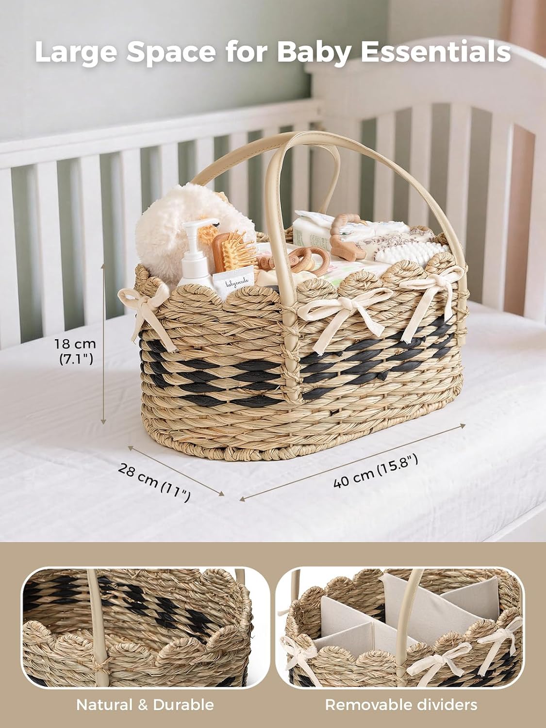 Large Diaper Caddy Organizer, Handwoven Natural Seagrass Basket with 5 Compartments, Scalloped Wicker Changing Table Organizer (Natural, XXL)