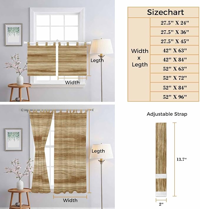 Light Brown Wood Grain Bathroom Curtains 63 Inch Length, Window Curtains Tab Top