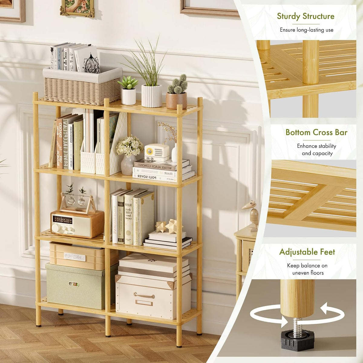Book Shelf, 4 Tier Bamboo Bookshelf, Tall Bookcase with 8 Open Display Shelves Storage Organizer, Adjustable Bookshelves Standing Shelf Units for Bedroom, Living Room, Bathroom, Home Office