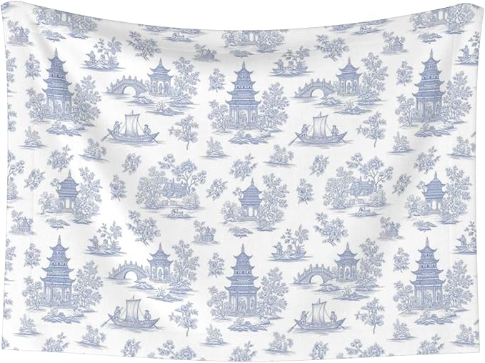 Dog and Cat Blanket in One, Chinese Style Powder Blue Chinoiserie Toile, Double Sided Plush Throw with Raised Dot Pattern on One Side and Flat Velvet on Other for Variety