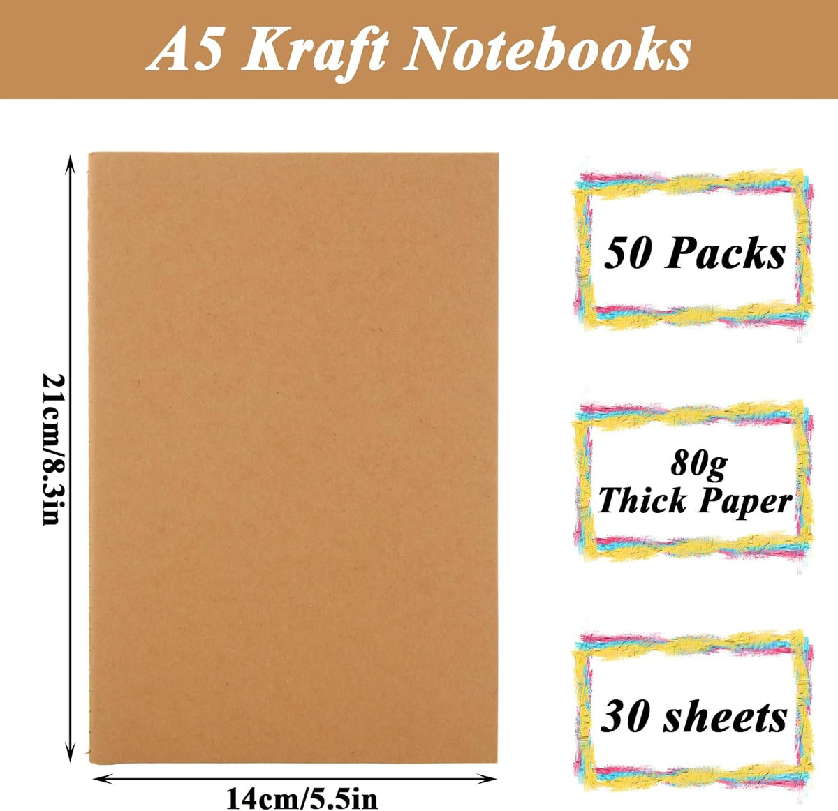MIVIDE 50 Pack A5 Kraft Notebooks Bulk, 8.3” x 5.5” Lined Paper Journal Notebooks, 30 Sheets 60 Pages, Lined Travel Notebooks for Writing, Making Plans, School Office Supplies