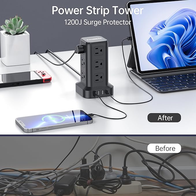 Surge Protector Power Strip Tower,10FT Extension Cord with Multiple Outlets, 12 AC 4 USB (1 USB C)，Mini Power Strip with USB Ports, Surge Protector Tower Overload Protection for Office, Desk
