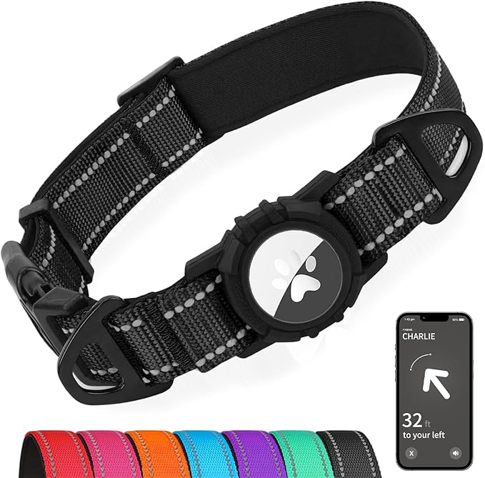Joytale Airtag Dog Collar, Reflective Pet Collar with Waterproof AirTag Holder, Dual D-Rings, Soft Padded Adjustable for Extra Small and Puppy Dogs, Black, XS