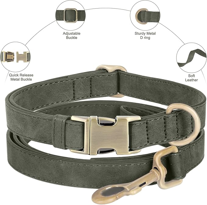 Genuine Leather Dog Collar - Adjustable Pet Collar with Quick Release Metal Buckle, Soft Skin Friendly Real Leather Collar for Small, Medium, Large Dogs (Dark Green, S：Fit 8-16" Neck)