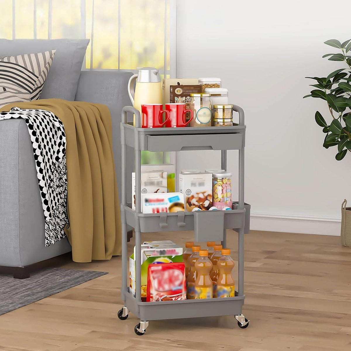 3 Tier Rolling Utility Cart with Drawer, Plastic Storage Organizer Rolling Carts with Wheels Handles Hanging Cups Hooks for Office, Bathroom, Kitchen,Craft Art Room (Grey)