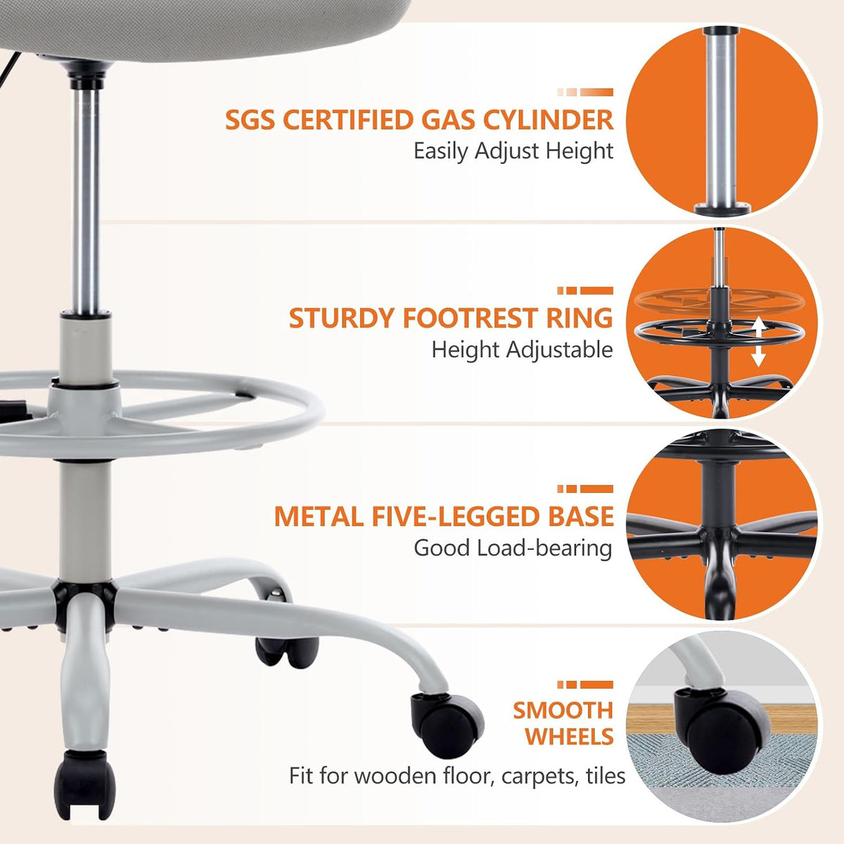 Sweetcrispy Tall Drafting Office Desk Chair - Ergonomic High Stool Computer Chair with Adjustable Height and Comfy Lumbar Support, Rolling Counter Height with Flip-up Arm and Footrest, Grey