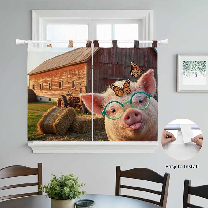 Farm Pig Kitchen Curtains 45 Inch Length, Short Cafe Window Curtains Tab Top